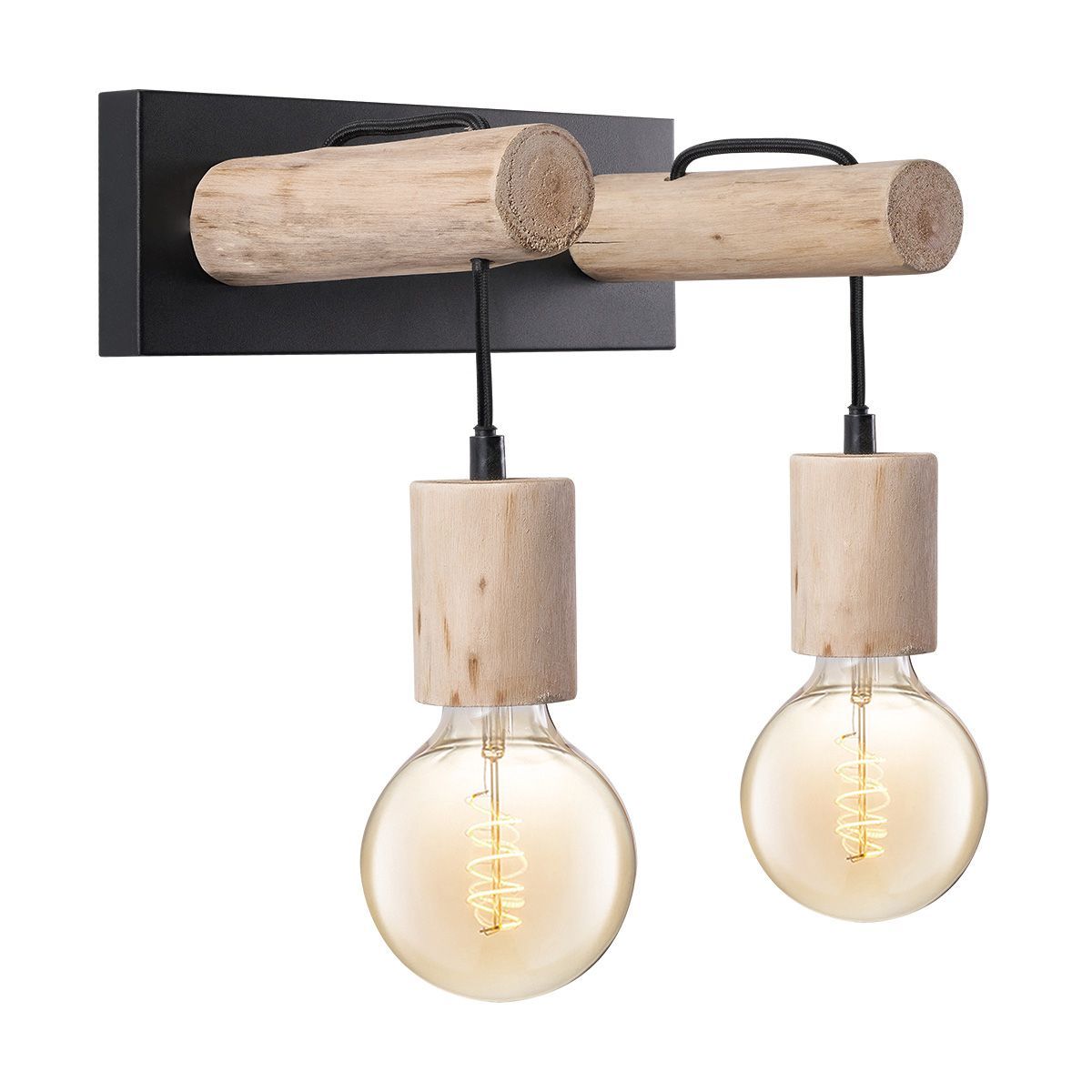 Billy 2‑licht wandlamp – natuurlijke houten charme met matzwart metaal