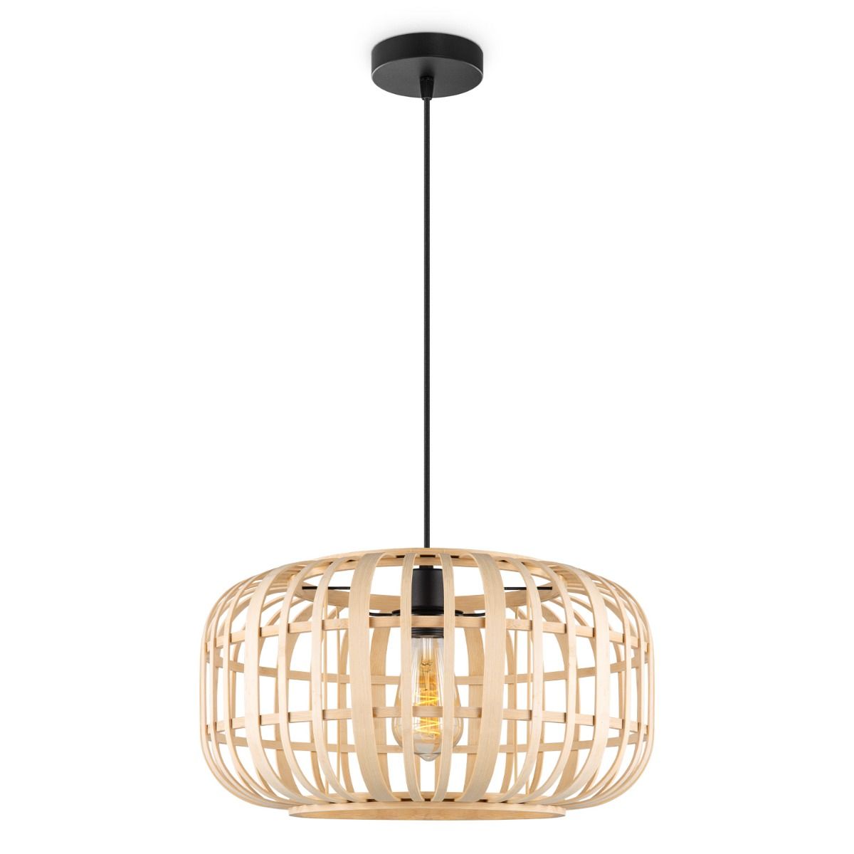 Boheemse Elliptische Hanglamp met Bamboe Kap – Beige, Ø40 cm, 126 cm hoog