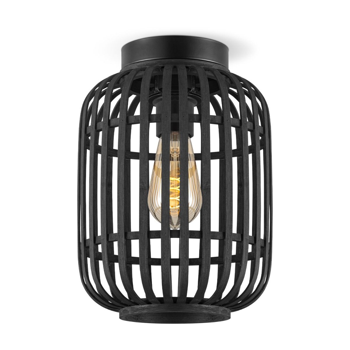 Boheemse plafondlamp met zwarte bamboe kap – compacte cilinder voor slaapkamer en studeerkamer