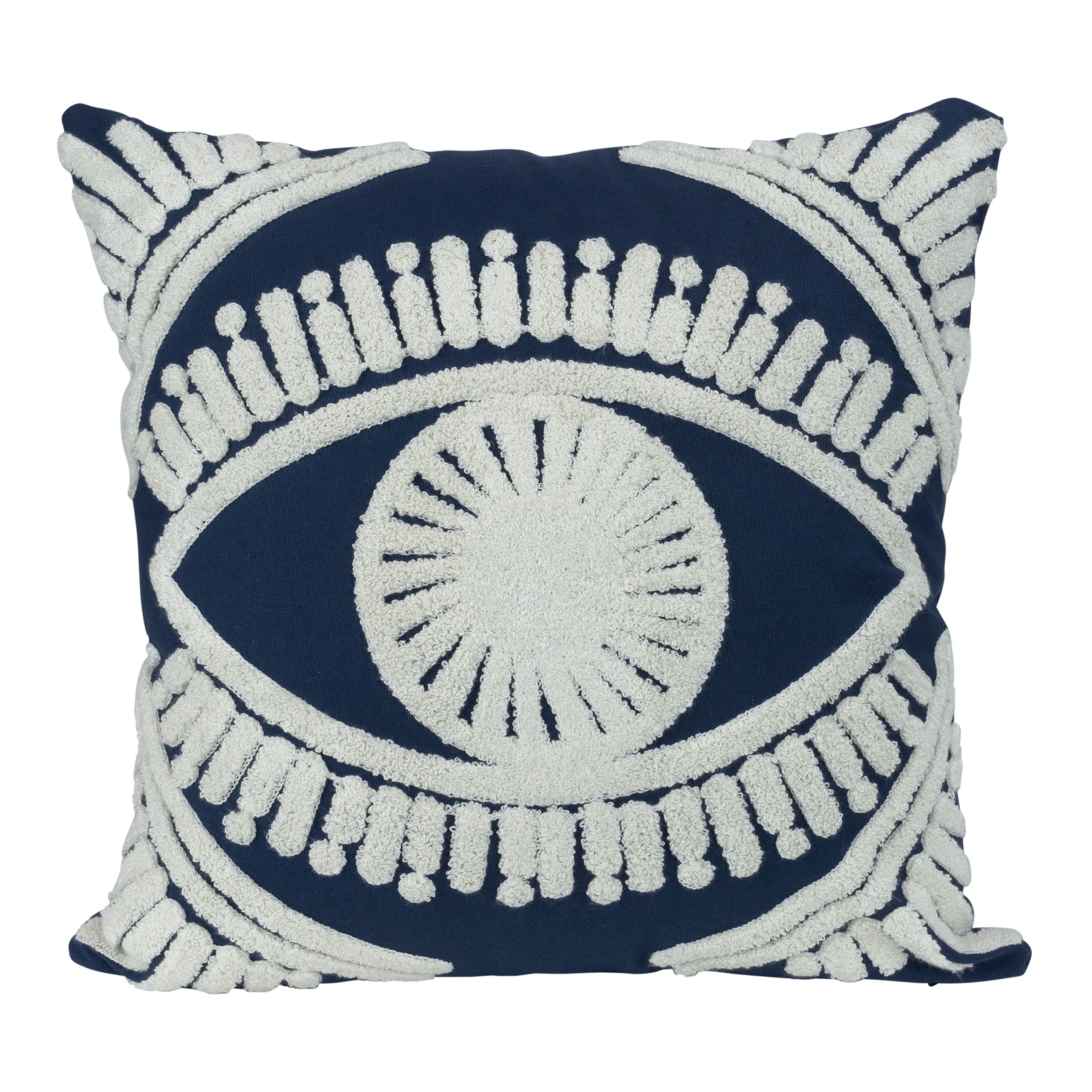 Boho Sierkussen met Oogprint – 45×45 cm, Jute, Donkerblauw & Beige – QUVIO