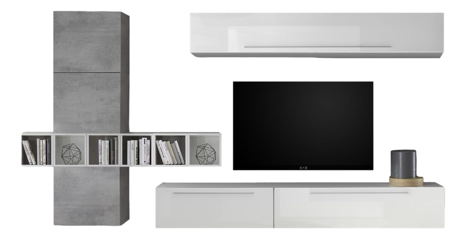 Bonbon TV‑wandmeubel set – Hoogglans wit met grijs beton