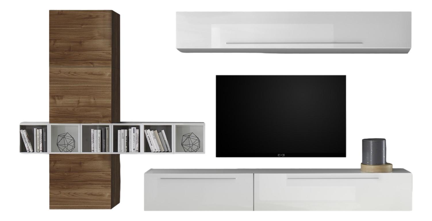 Bonbon TV‑wandmeubel set in hoogglans wit & walnoot – modern, ruimtebesparend en stijlvol