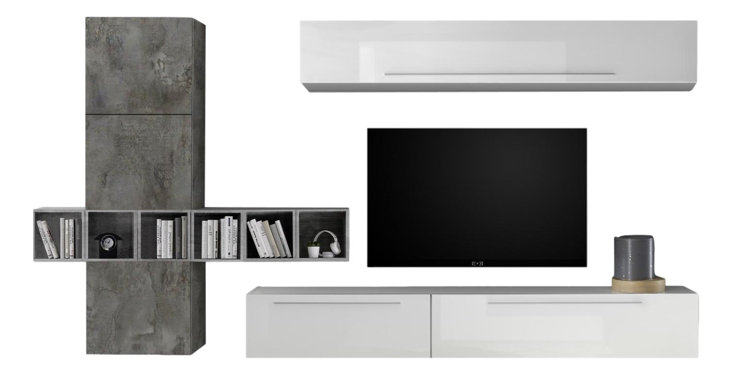 Bonbon TV‑wandmeubel set – Strak modern in hoogglans wit en betongrijs