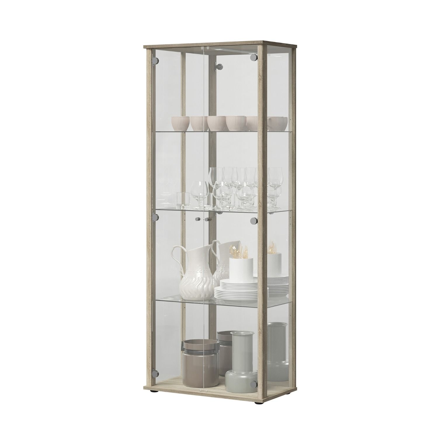Bora vitrinekast 3‑deurs – 170 cm hoog, spiegel en sonoma eiken