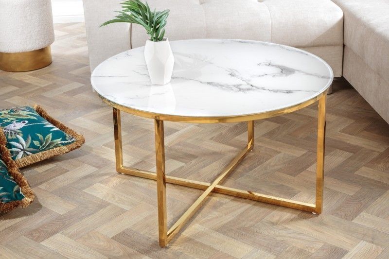 Boutique Salontafel 80 cm – Wit Rond Kristalglas met Marmer en Gouden Frame