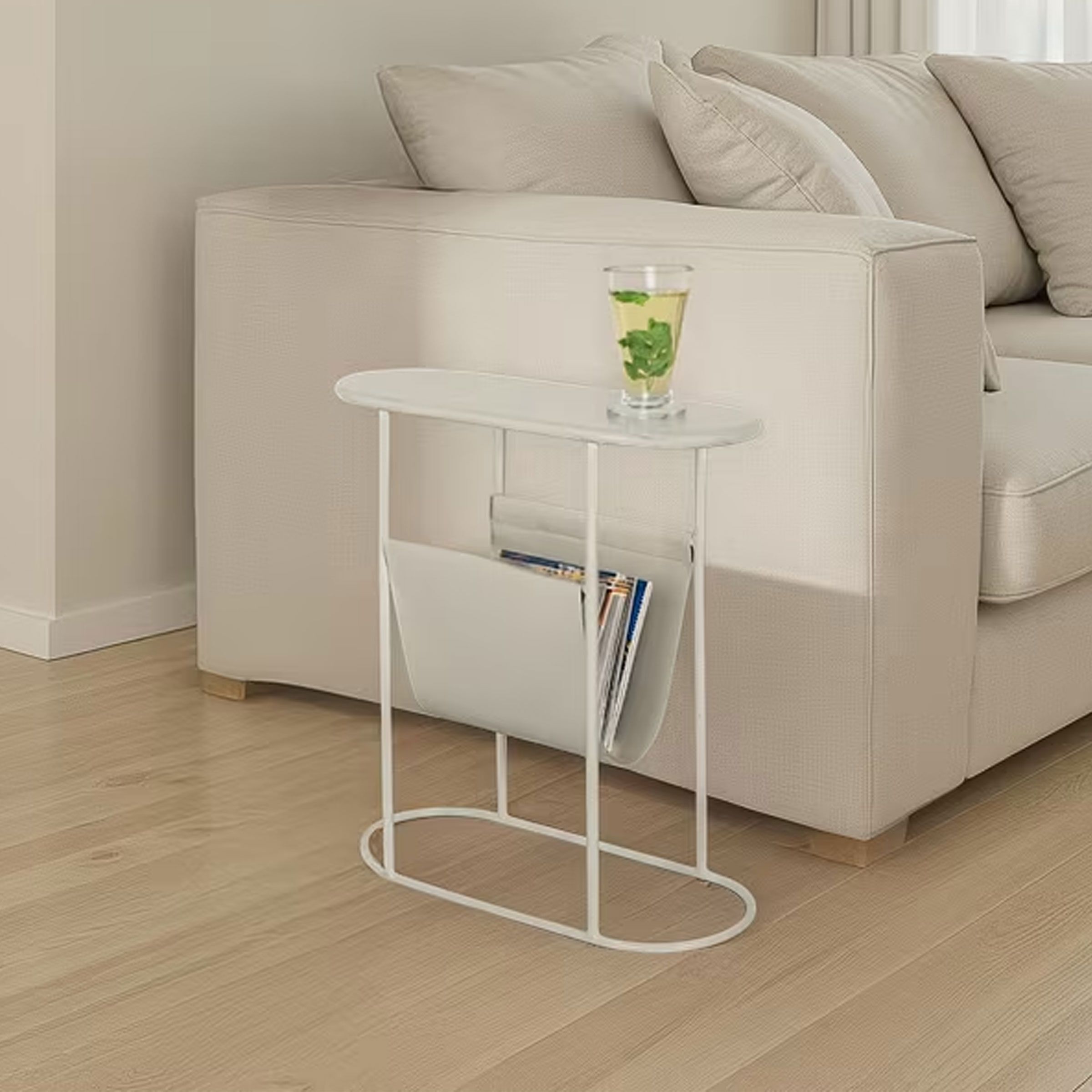Brix Luna Ovale Bijzettafel met Tijdschriftenhouder – Beige