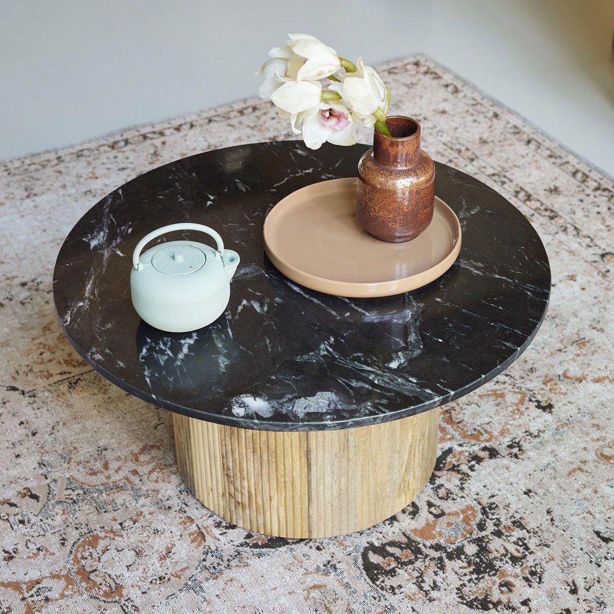 Brix Nova Salontafel – Ronde tafel van mangohout & marmer in zwart