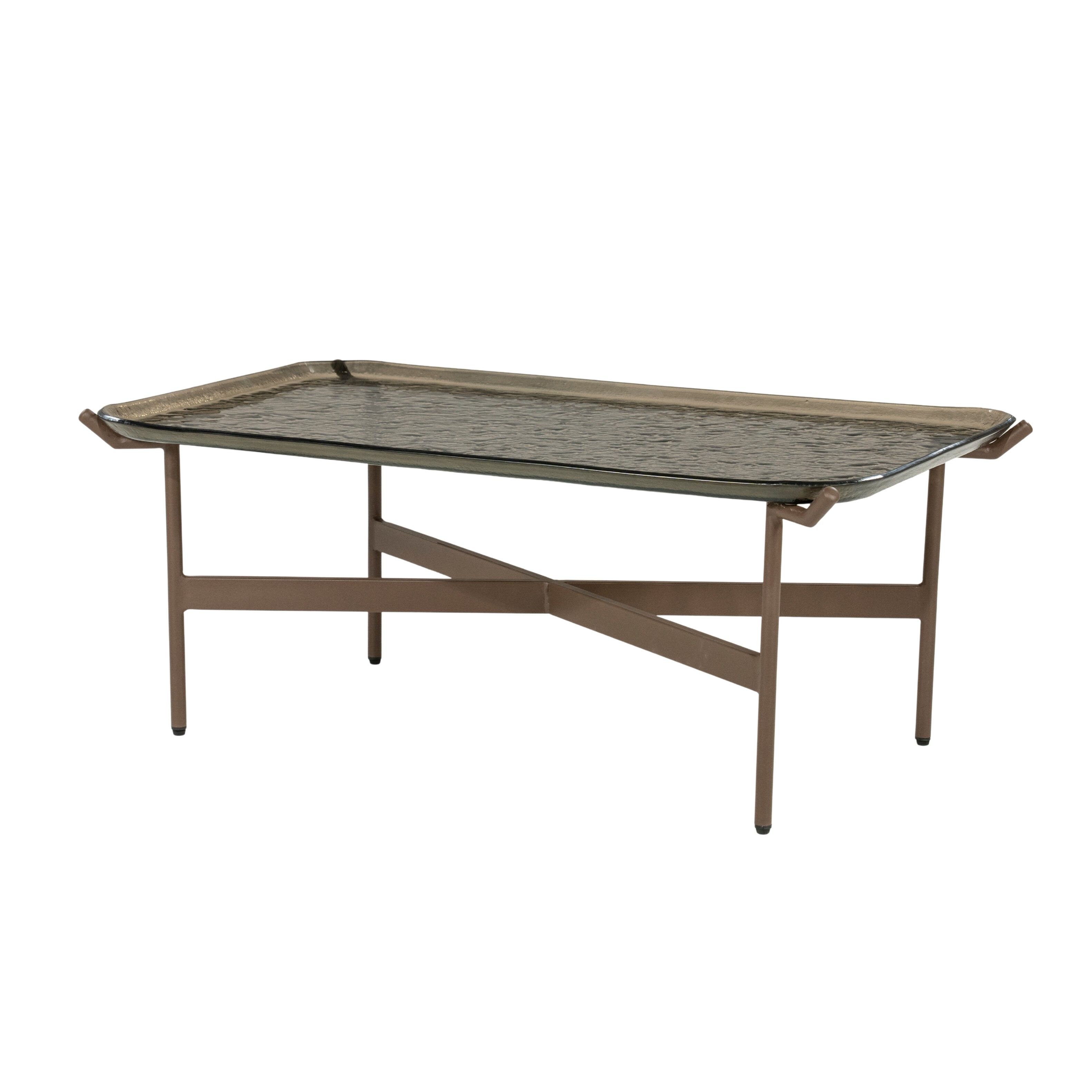 By‑Boo Liri salontafel – strakke glas‑ en metalen combinatie in warme bruine tint