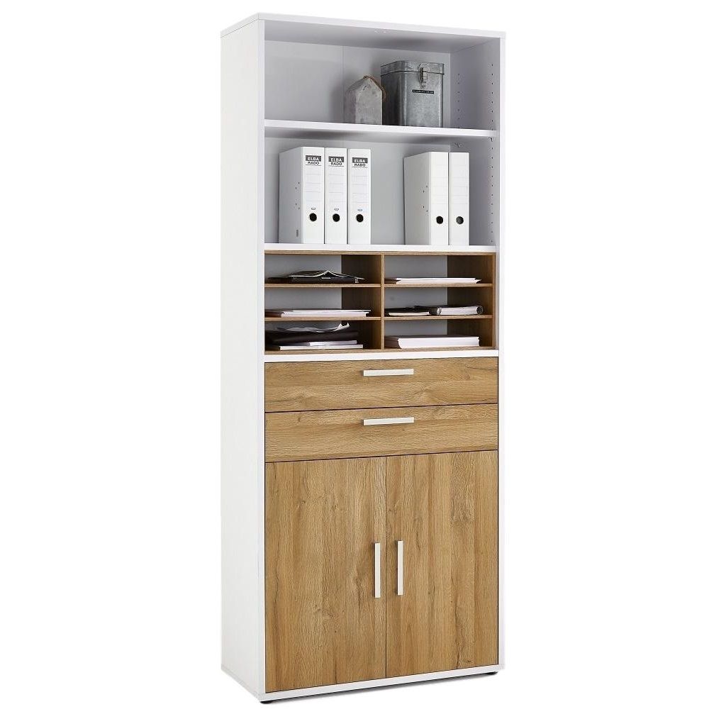 Calvia witte boekenkast 222 cm – ruime opbergruimte met oud eiken accent