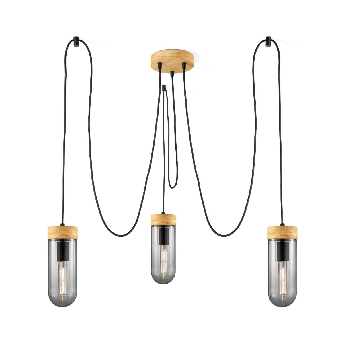 Capri Hanglamp 3L – Stoer Zwart‑Metaal, Smokey Glas & Natuur Hout