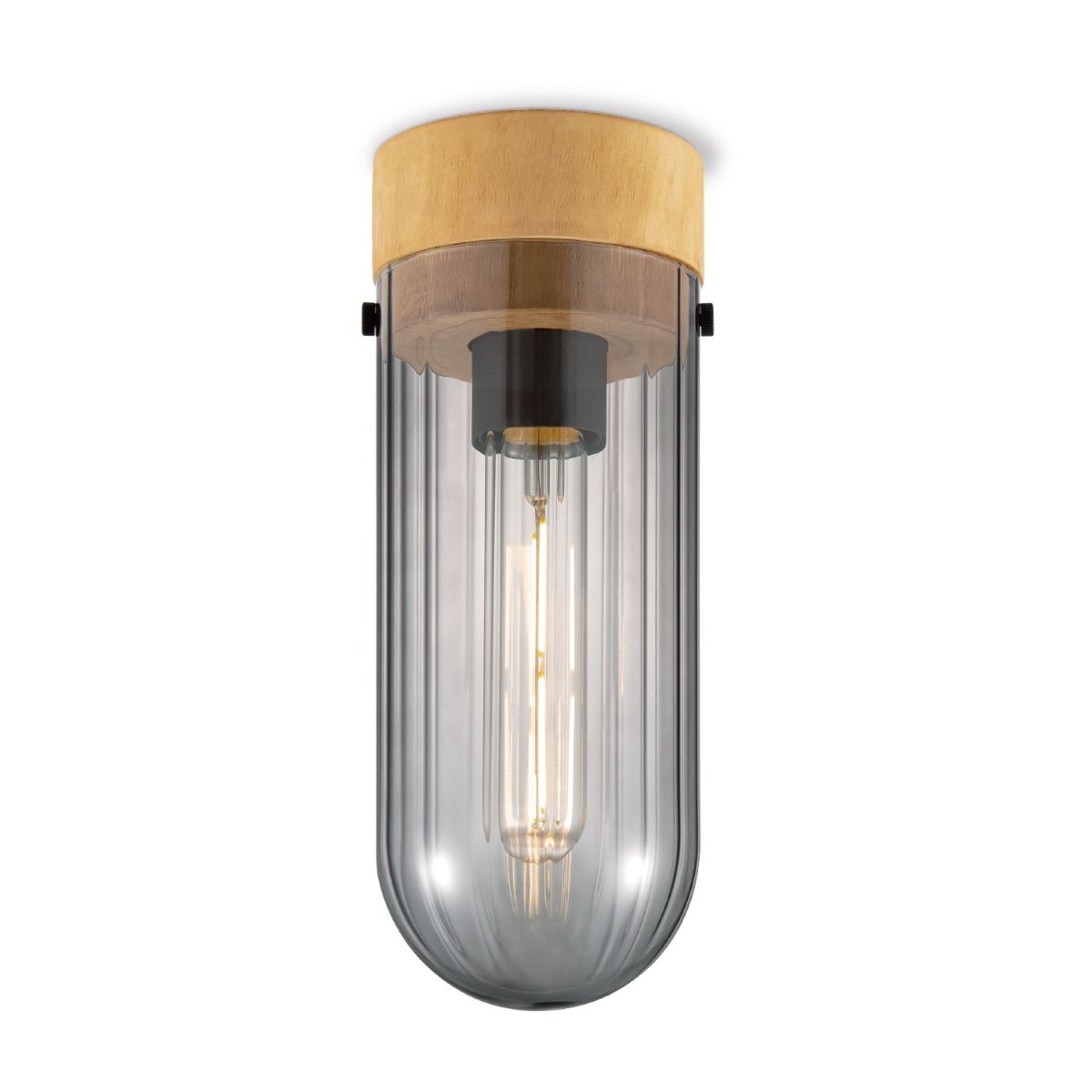 Capri Plafondlamp – Compact Design met Hout‑ en Smokey Glas
