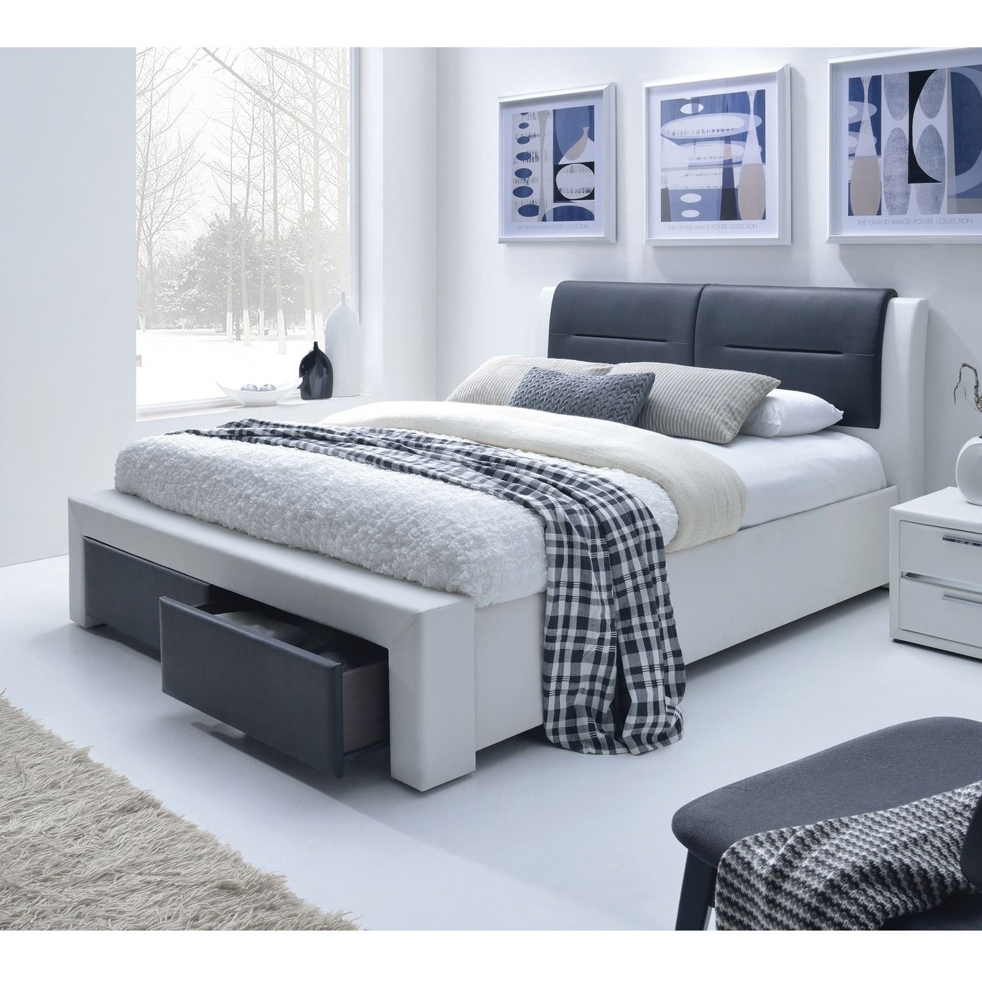 Cassandra‑S Tweepersoonsbed 160×200 cm – Wit & Zwart, Eco‑leer & Massief Hout