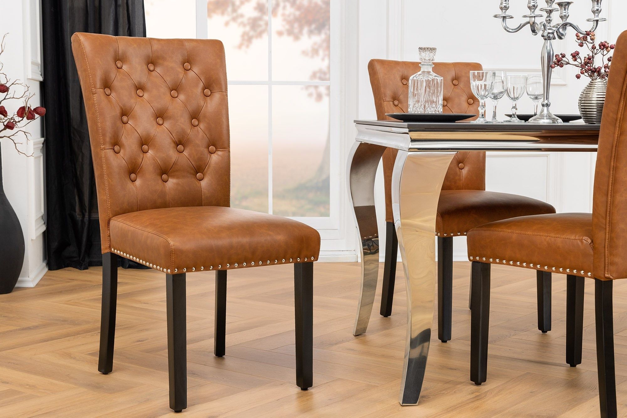 CASTLE Chesterfield stoel – luxe bruine kunstleerkussens met robuuste rubberen poten