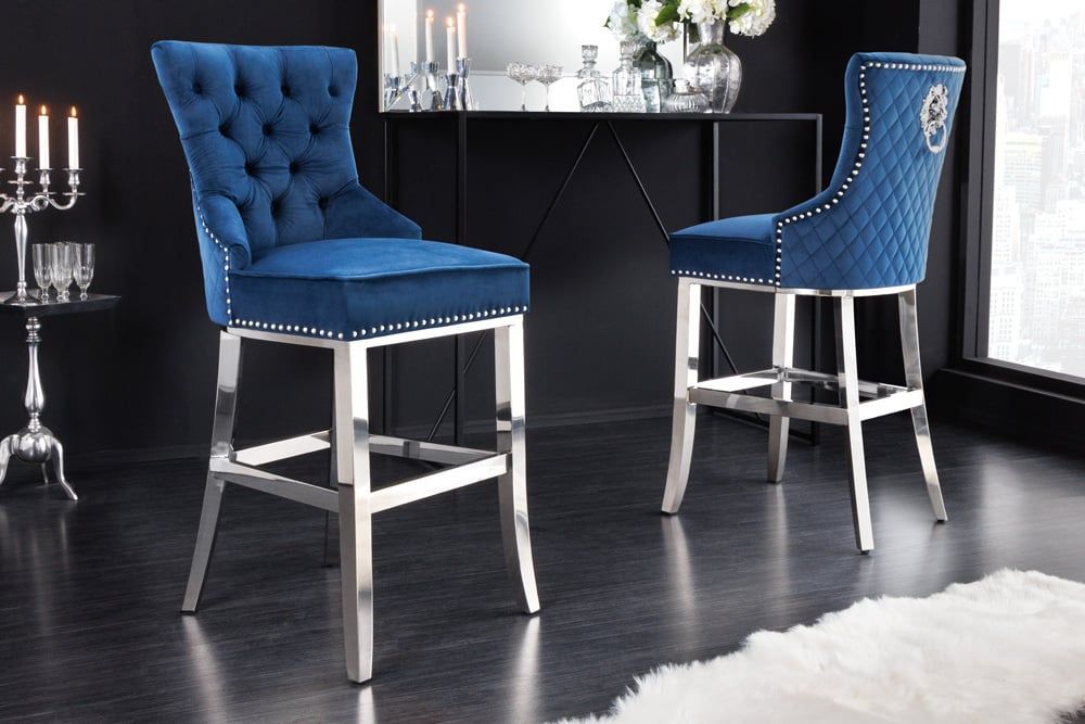 CASTLE DELUXE barkruk – koningsblauwe Chesterfield van fluweel en roestvrij staal