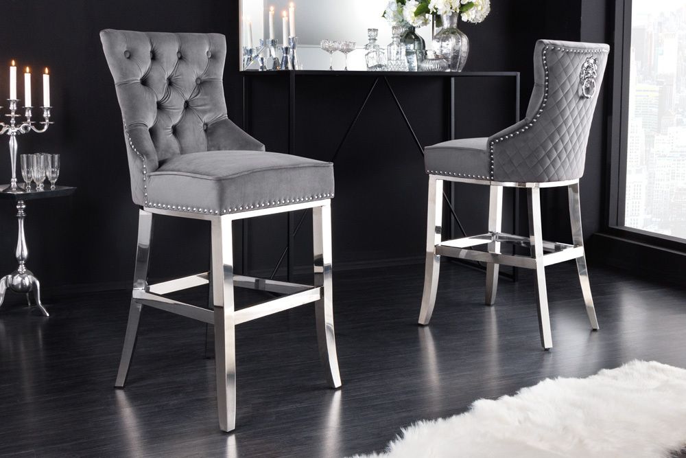 CASTLE DELUXE barkruk – luxe grijze fluwelen Chesterfield met roestvrijstalen basis