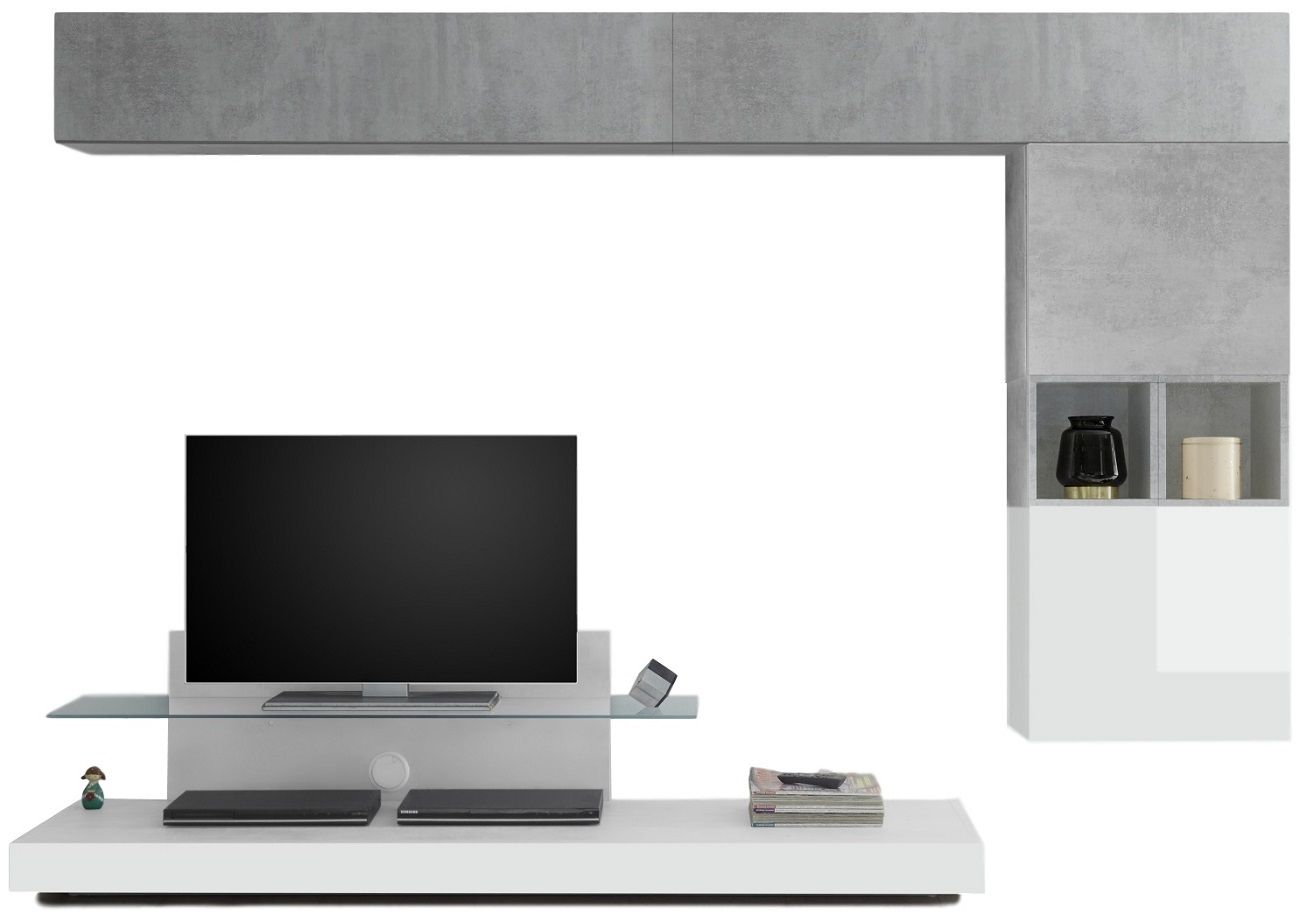 Chanel TV‑wandmeubel set – strak hoogglans wit met betonaccent