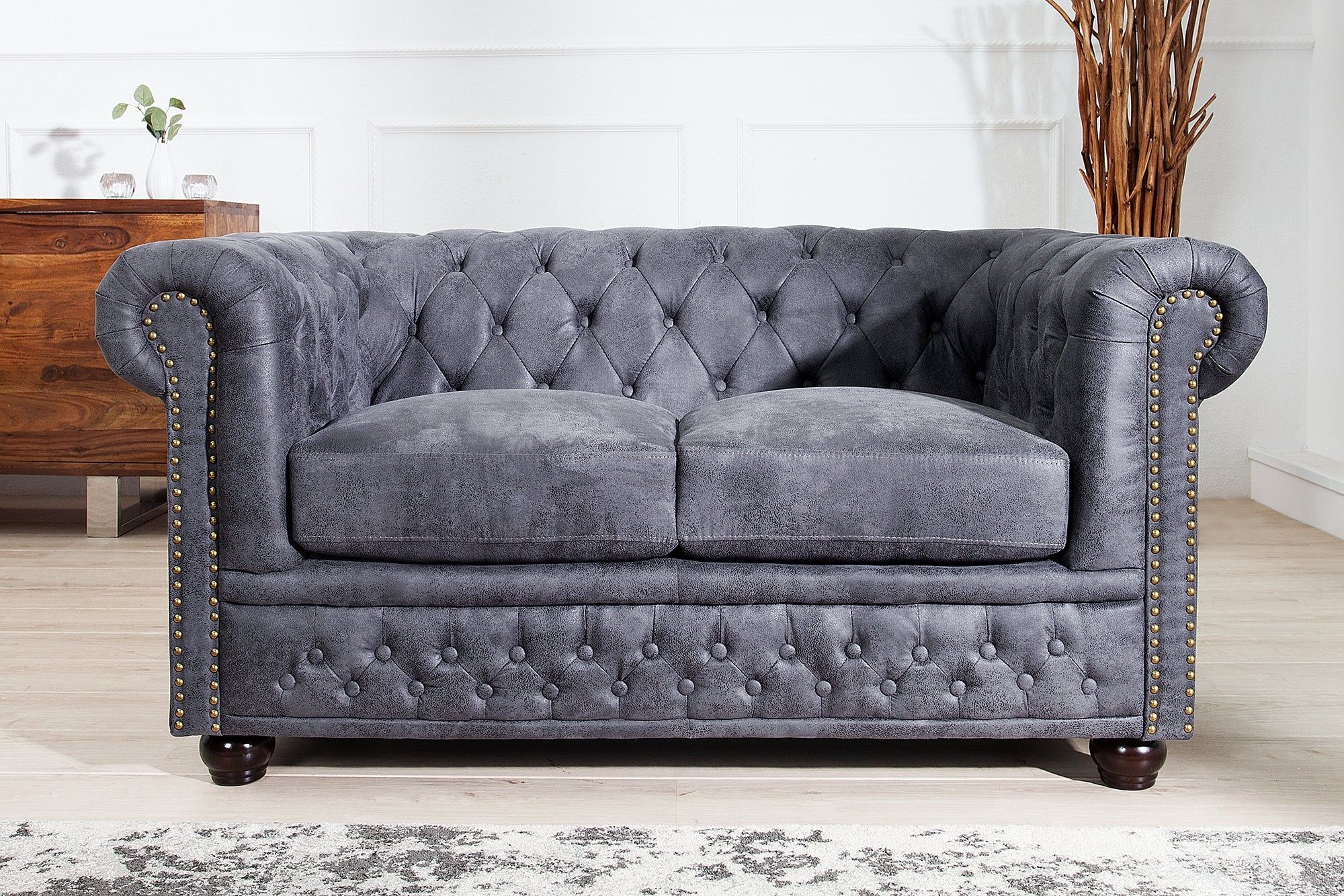 Chesterfield 2‑zitsbank 150 cm – antiek grijs microvezel met veerknopen
