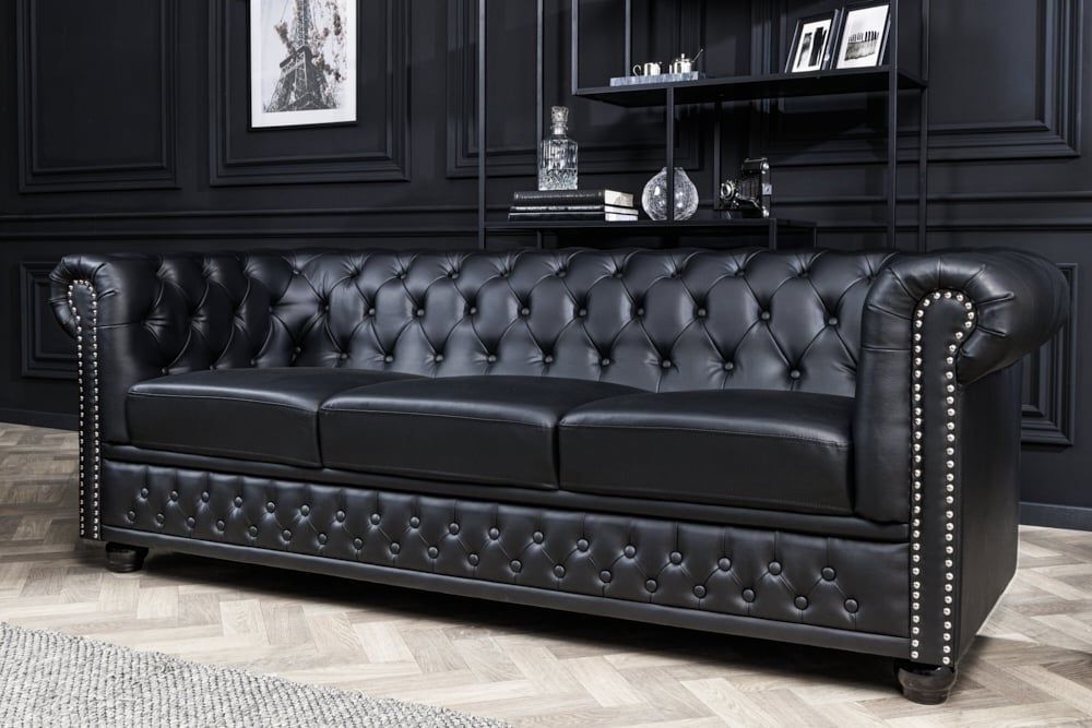 Chesterfield 3‑zitbank 205 cm – Zwart kunstleer met klinknagels