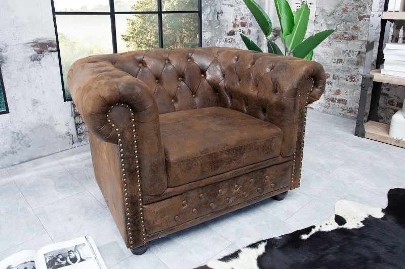 Chesterfield fauteuil 110 cm – antiekbruin met knoopstiksel en veerkern | Invicta Interior