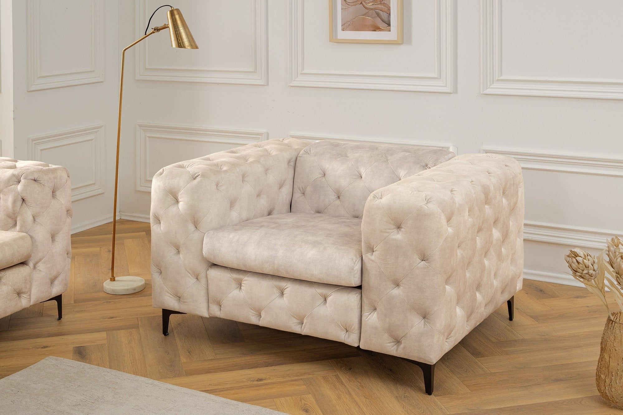 Chesterfield Fauteuil Modern Barok – 120 cm, Champagne Beige Fluweel van Invicta Interior