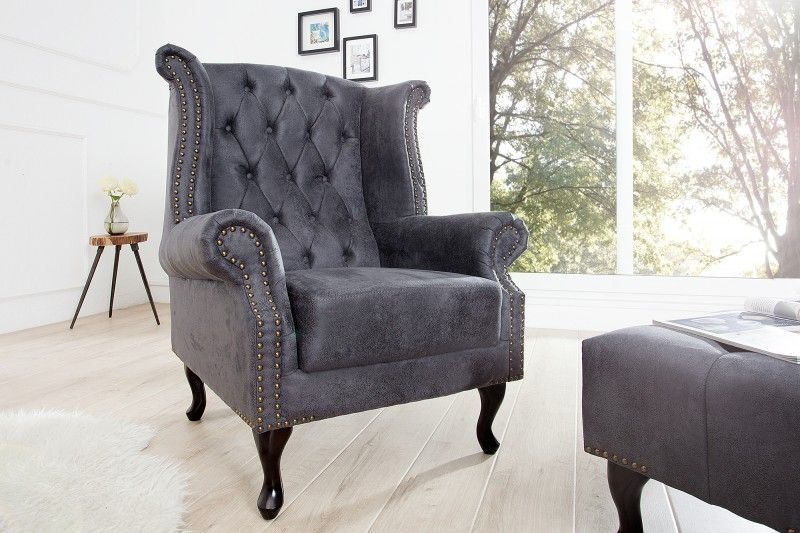 Chesterfield Vleugelfauteuil Antiekgrijs – Luxe met knoopstiksel en veerkern