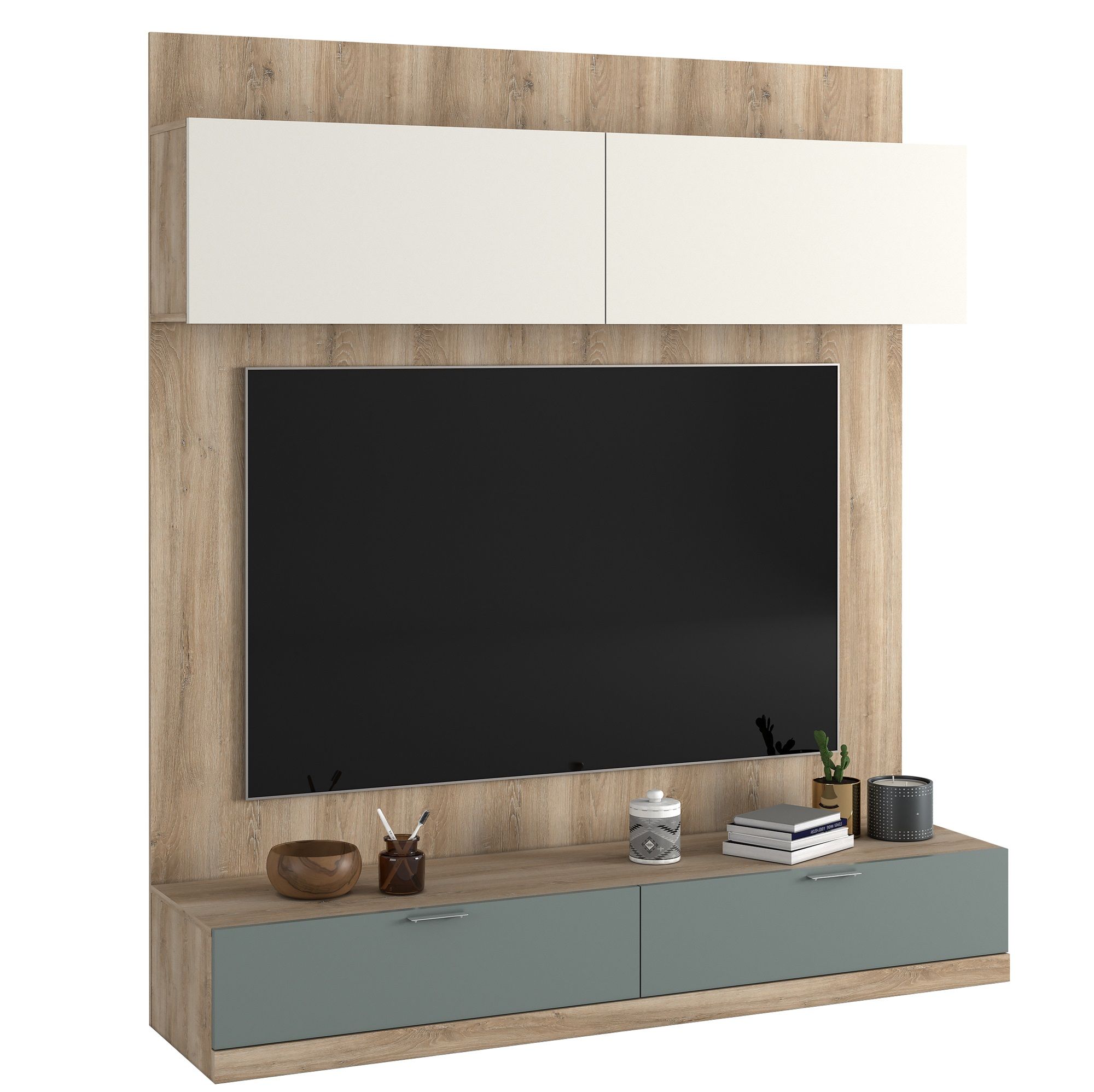 Cinewall Asola 180×203 cm – Stijlvolle media‑opslag in eiken, wit & lichtblauw