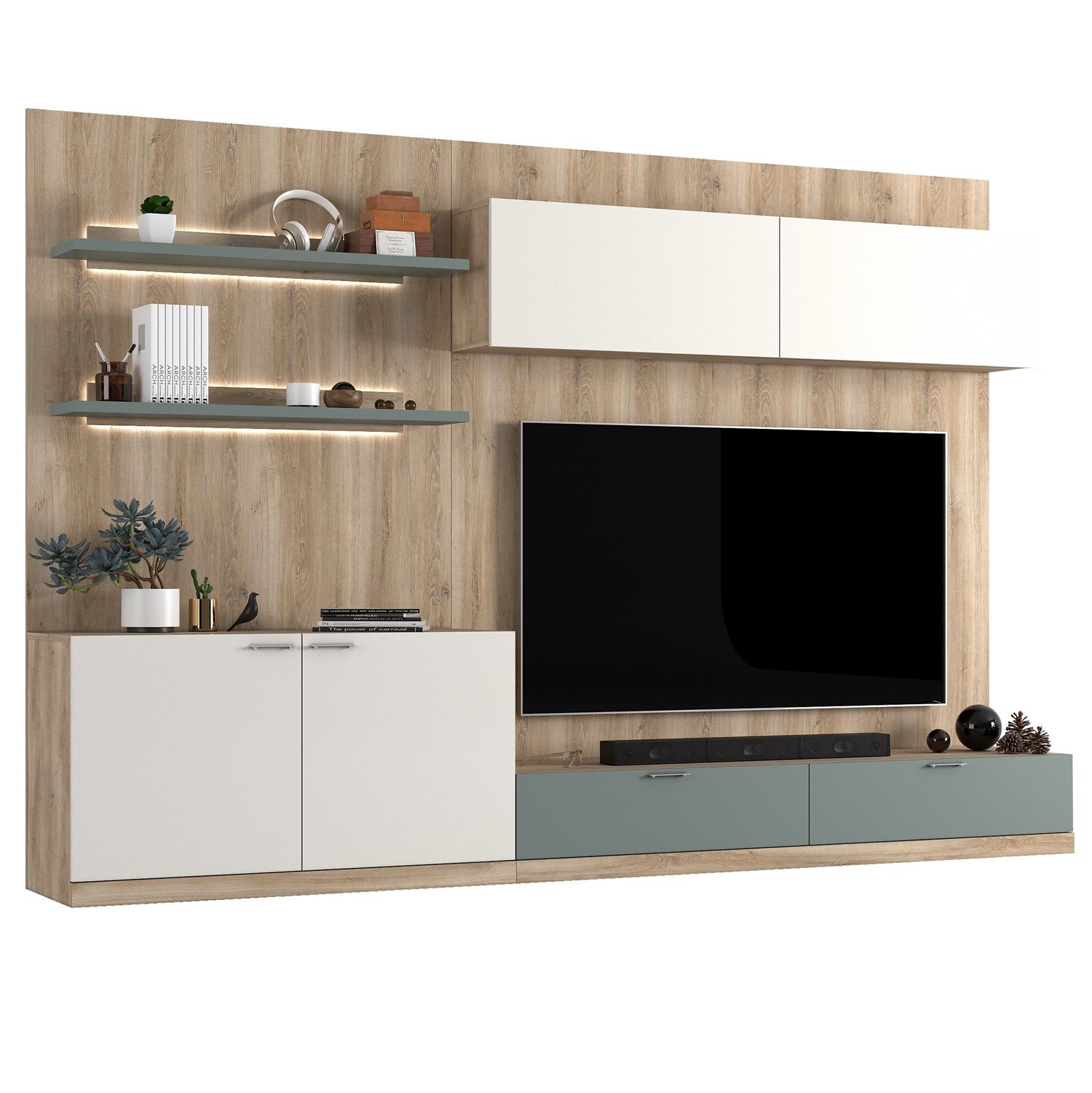 Cinewall Asola – ruime mediaunit in eiken‑wit‑blauw 300 × 203 cm