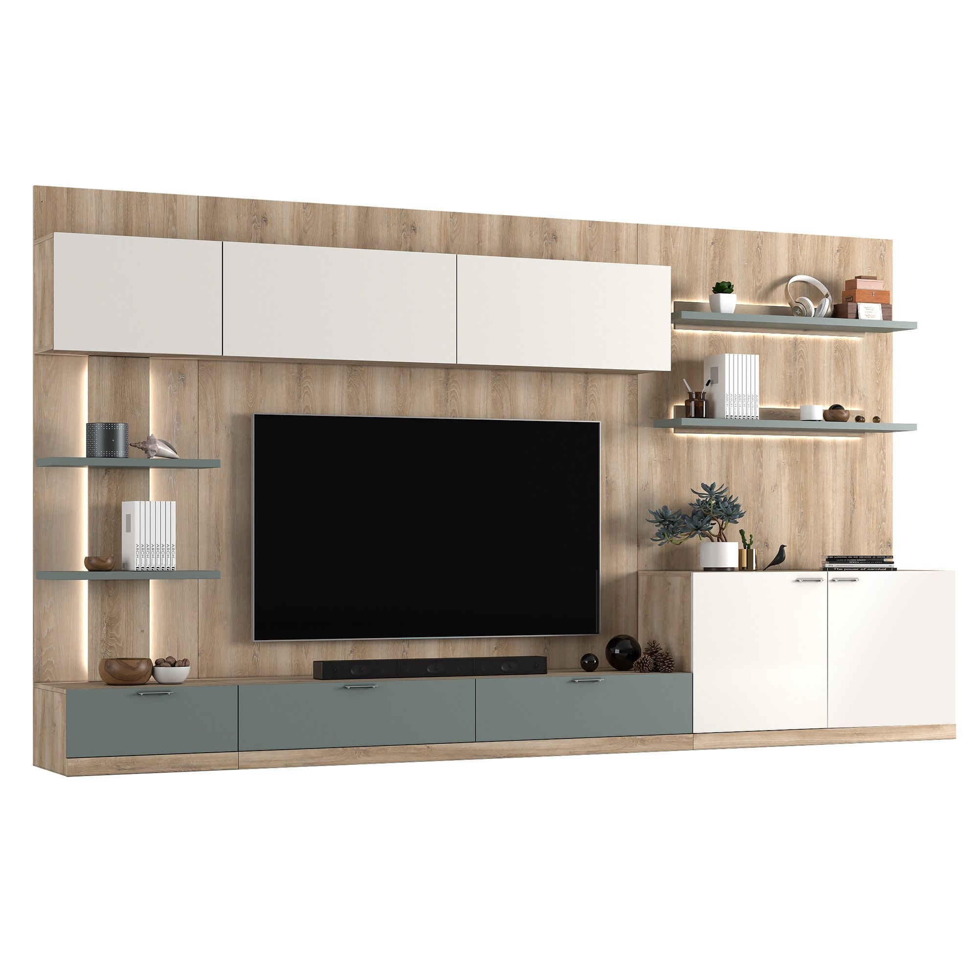Cinewall Asola – Ruimtelijke woonkameropslag in eiken, wit en lichtblauw (360 × 203 cm)