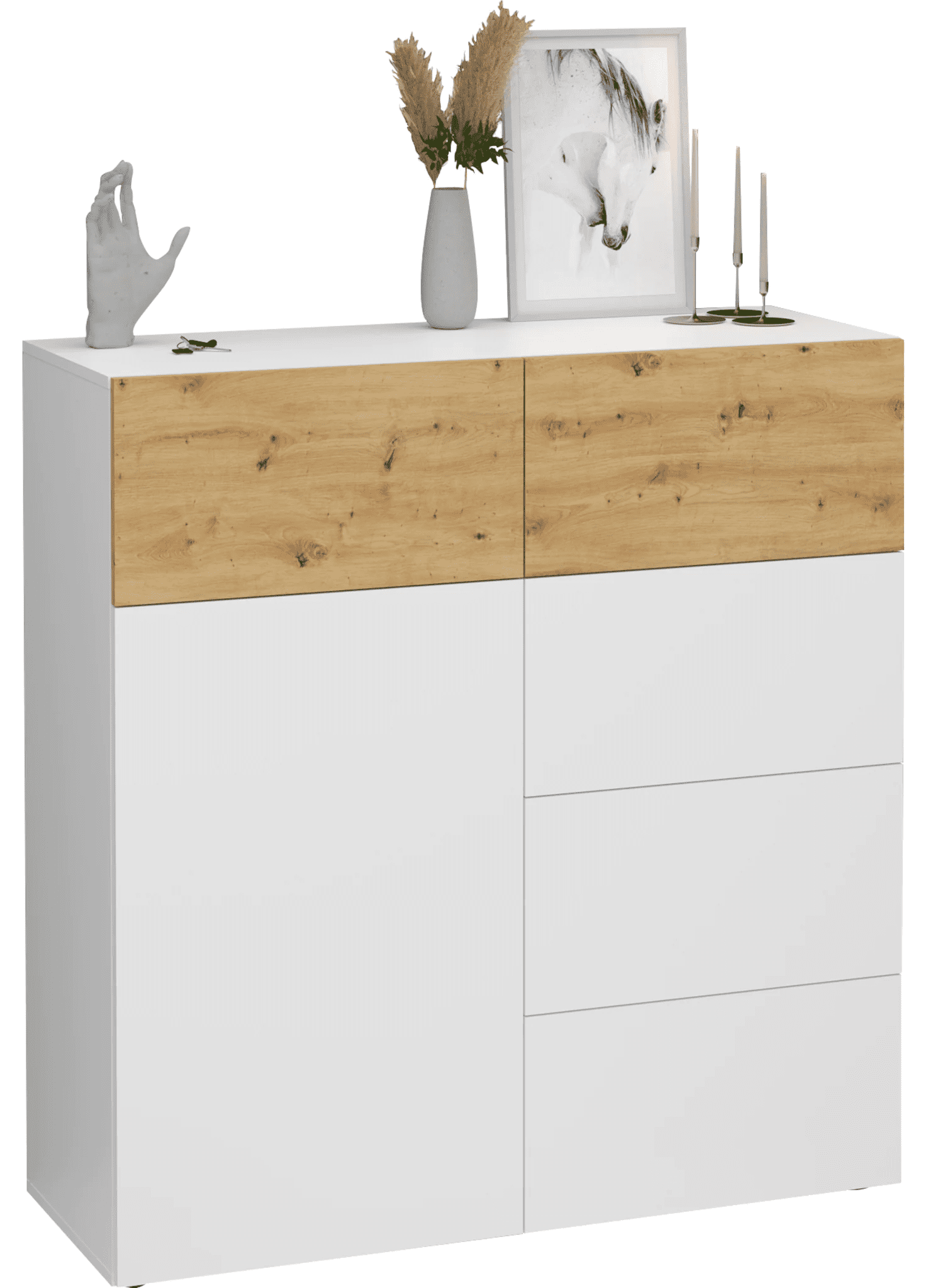 Commode Belm 115 cm – Strak wit met warme eikenaccenten