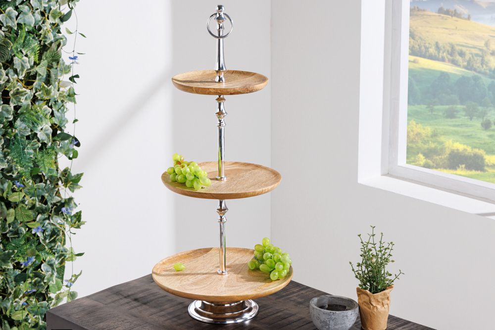 Decoratieve taartschaal PURE NATURE – Handgemaakte 68 cm ronde schaal in zilver mangohout