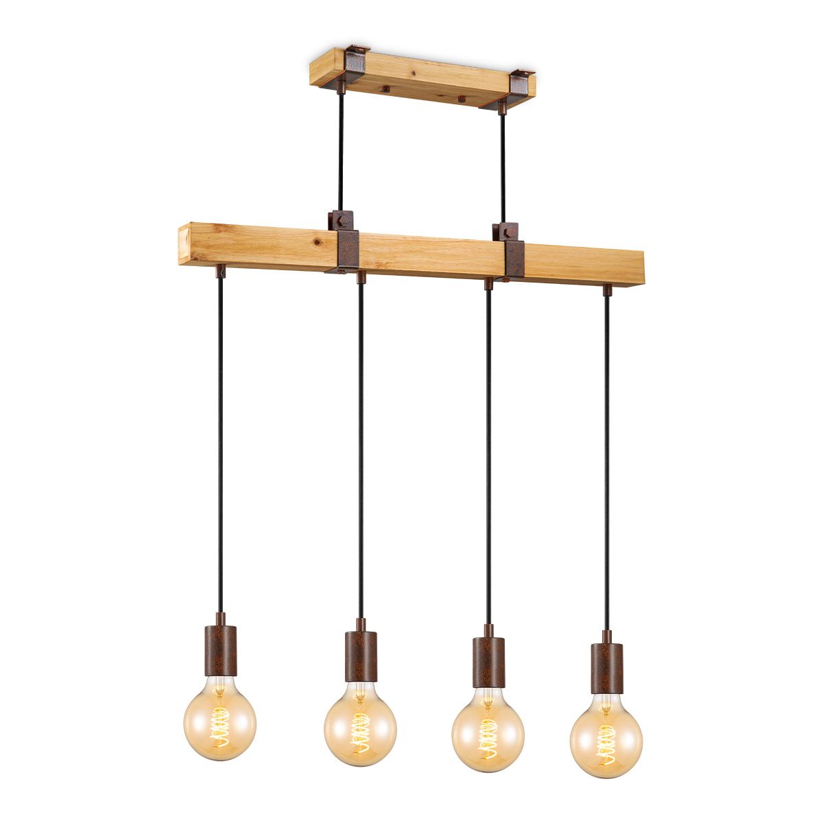 Denton 4‑licht hanglamp – roestbruin hout, vintage statement voor jouw eethoek