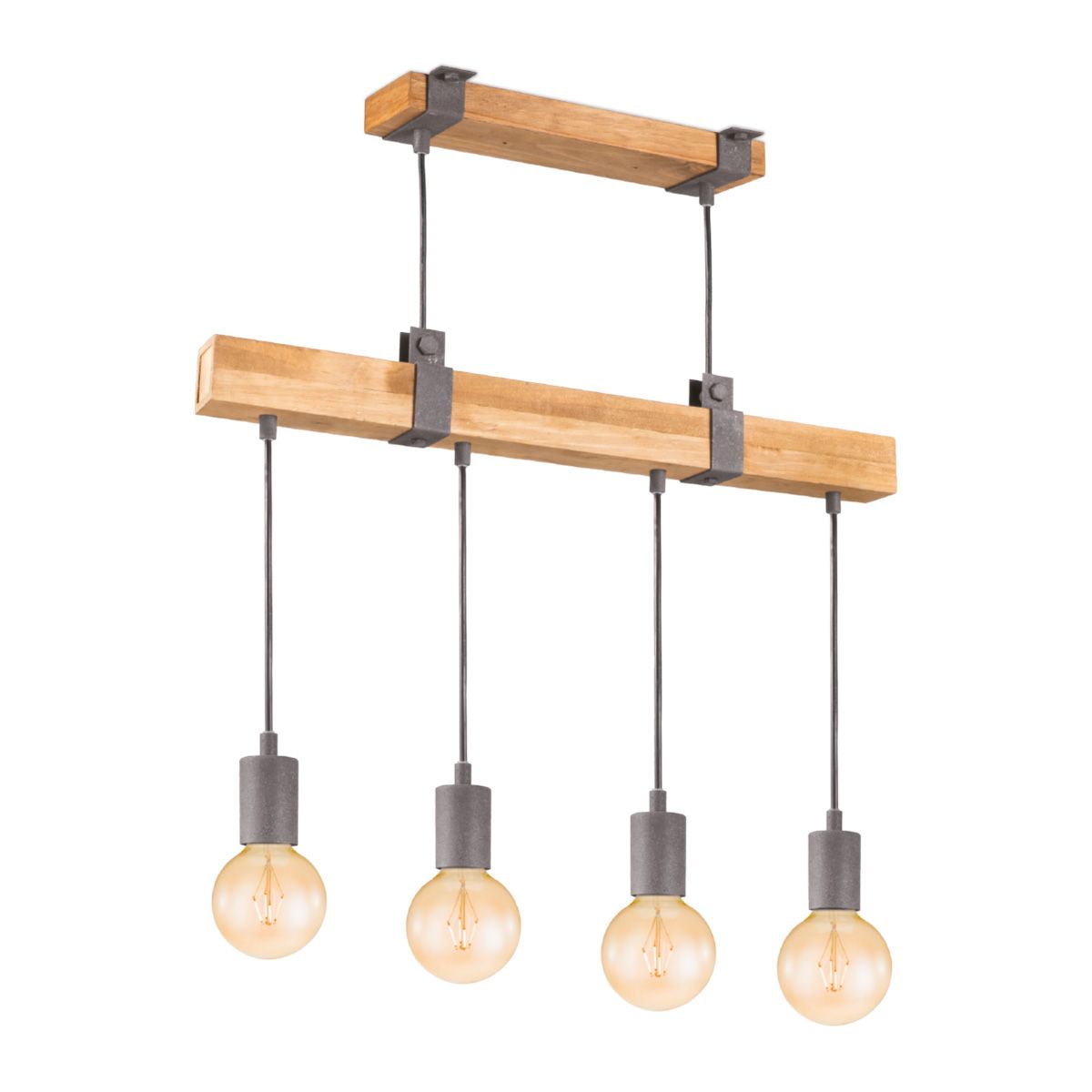 Denton 4‑Lichts Hanglamp – Industriële Elegantie met Hout en Burned Metal