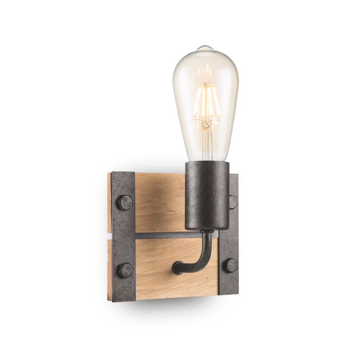 Denton wandlamp – hout & burned metal, zwarte industriële eyecatcher