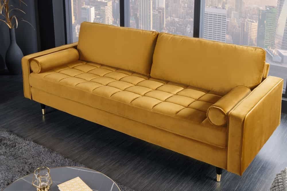 Design 3‑zits loungebank Cosy Velvet 220 cm – Mustardgeel fluweel met veerkern – Invicta Interior
