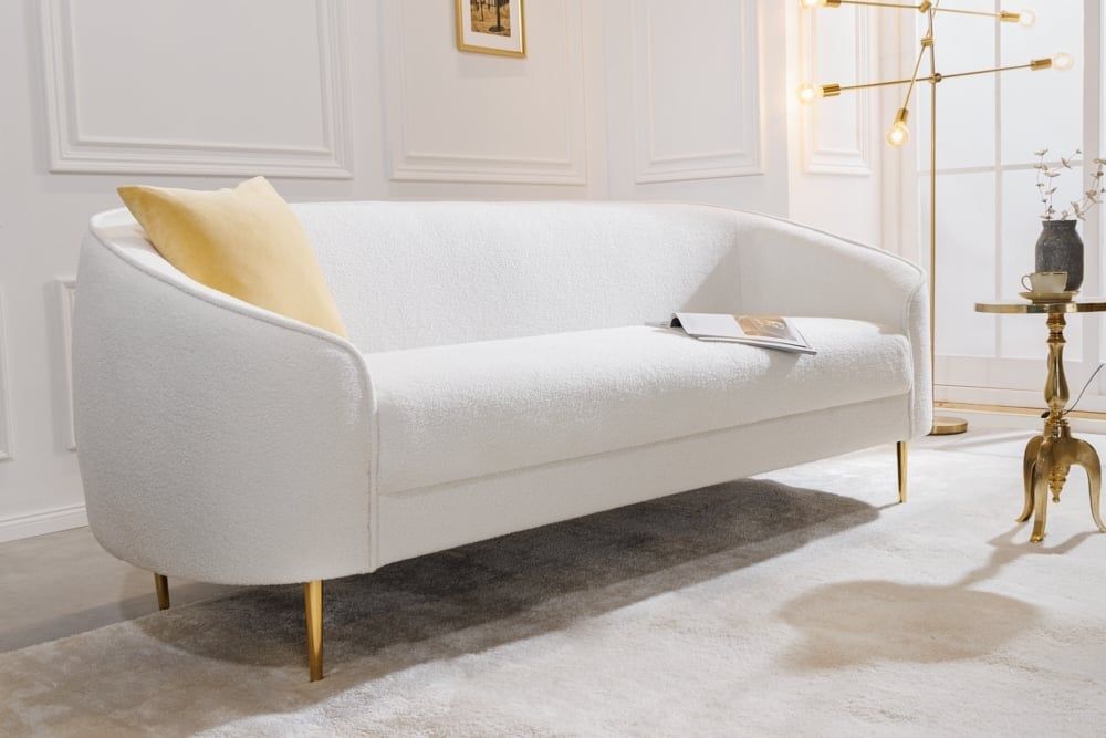 Design 3‑zits loungebank DIVA 205 cm – wit Boucle met gouden metalen poten