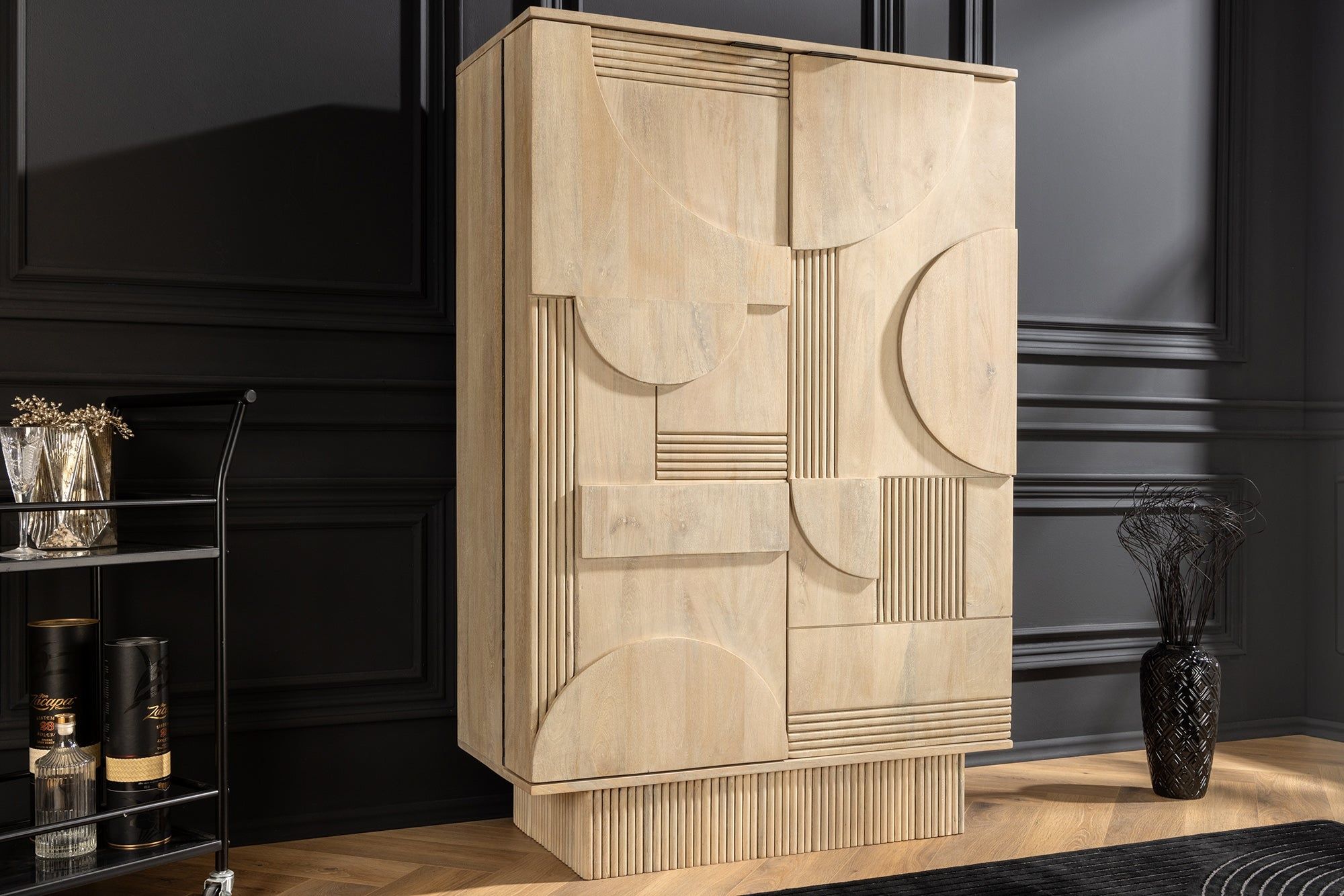 Design barkast Art Deco 140 cm – wit gelamineerd mangohout met 3D‑front