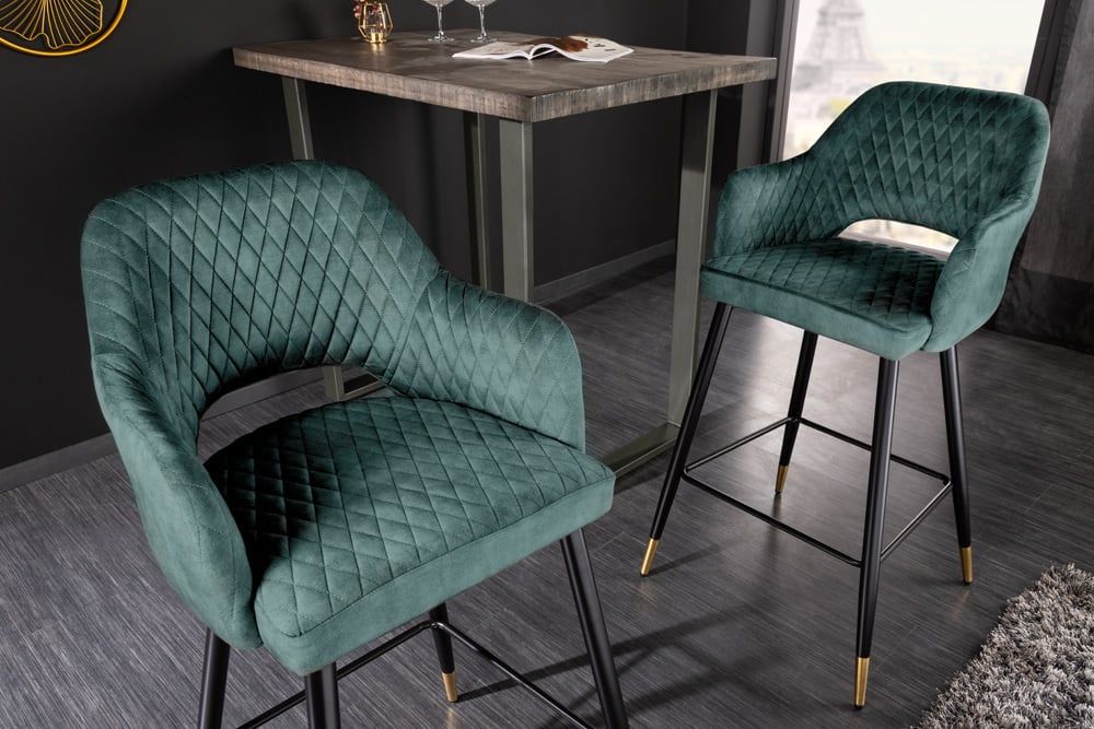 Design barkruk PARIS in petrol fluweel met gouden voetdoppen – stijlvolle zit met armleuningen