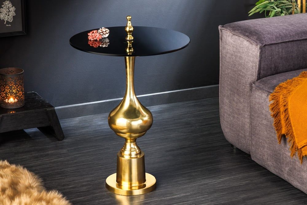 Design Bijzettafel ABSTRACT – Gouden Metaal & Zwart Glazen Rondblad