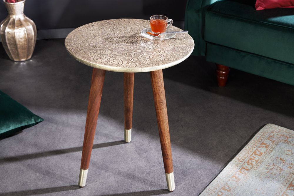 Design bijzettafel ALCAZAR – Handgemaakte ronde acaciatafel in antiek zilver