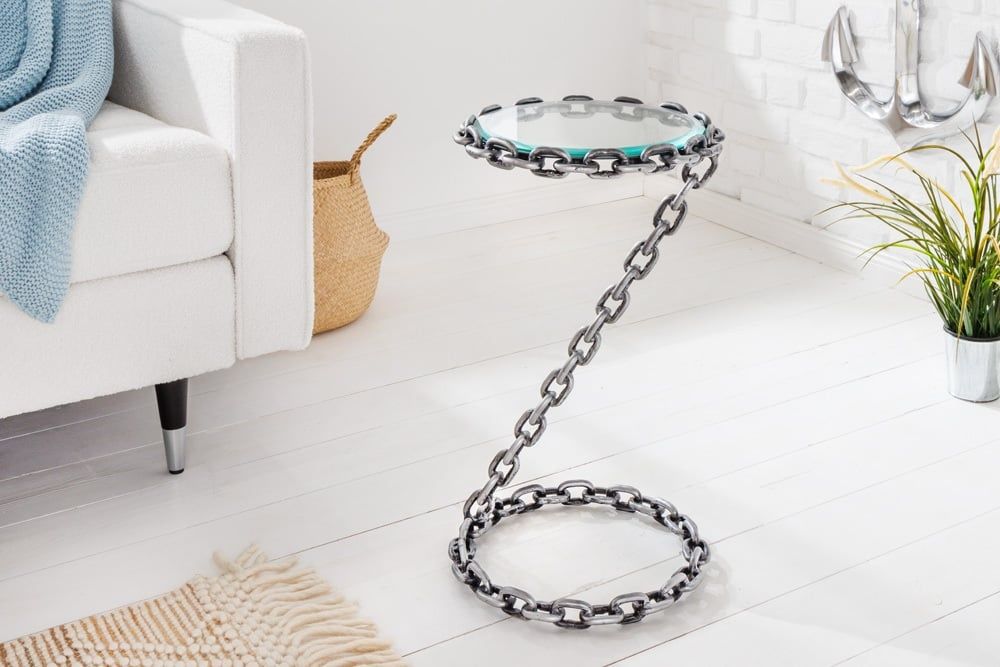 Design Bijzettafel CHAINS – Handgemaakt Metalen & Glazen Tafel, 35 cm – Zilver