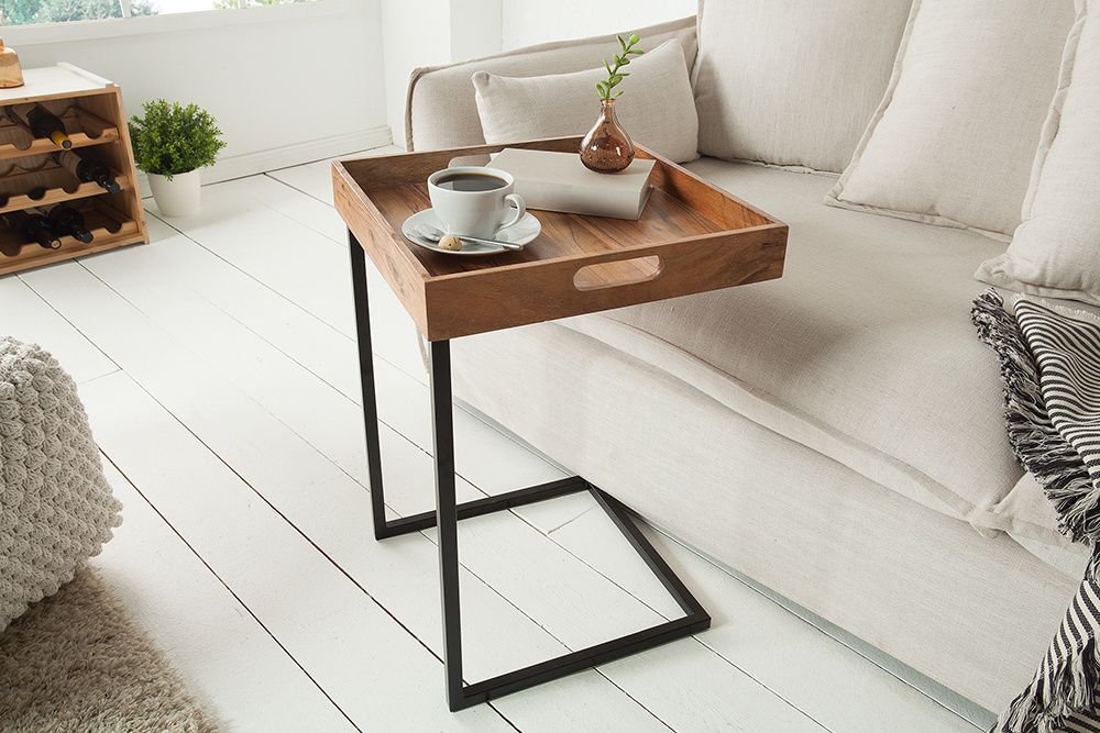 Design bijzettafel CIANO 40 cm – massief acaciahout met zwart dienblad