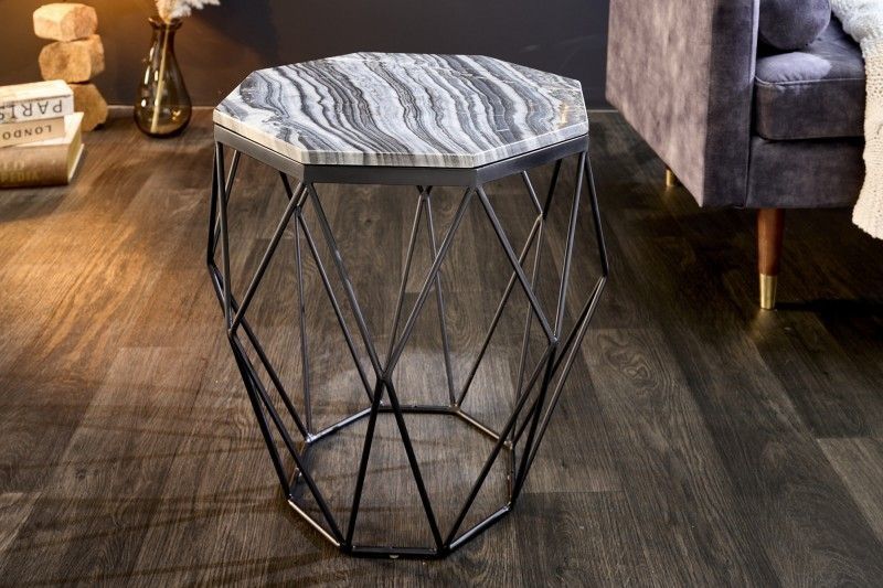 Design bijzettafel Diamond – 50 cm, grijs marmer & zwart metaal | Invicta Interior