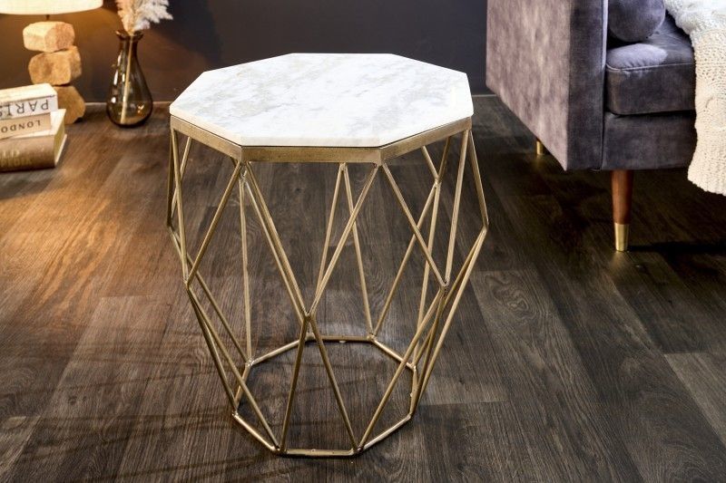 Design bijzettafel DIAMOND 50 cm – wit marmer & messing