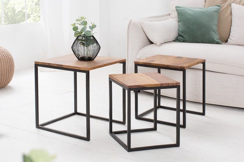Design bijzettafel set van 3 × 40 cm – Sheesham & zwart metaal van Invicta Interior