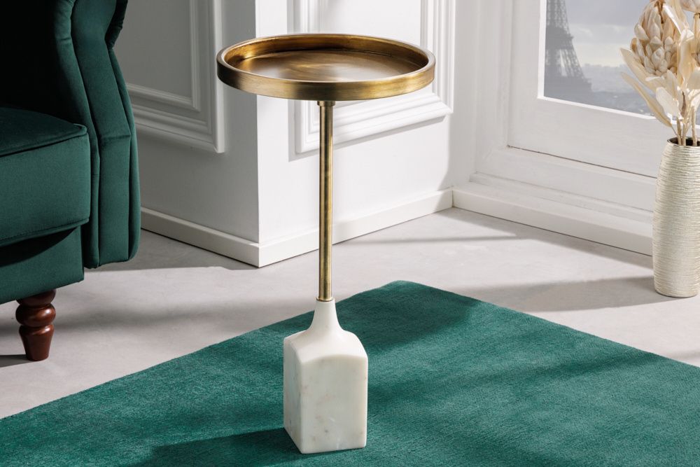 Design bijzettafel TRAYFUL 60 cm – antiek goud, wit marmeren voet, handgemaakt, rond