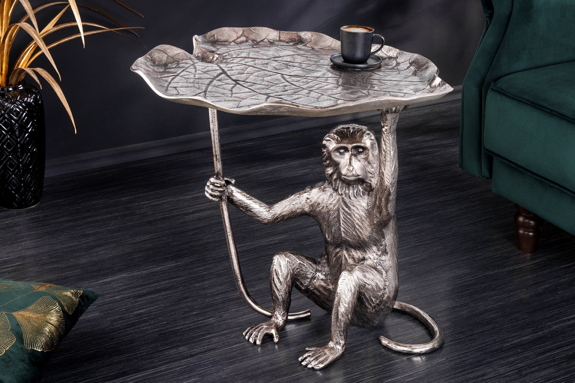 Design Bijzettafel Wildlife Monkey – Handgemaakt Stijlvol Zilver Metaal, 60 cm