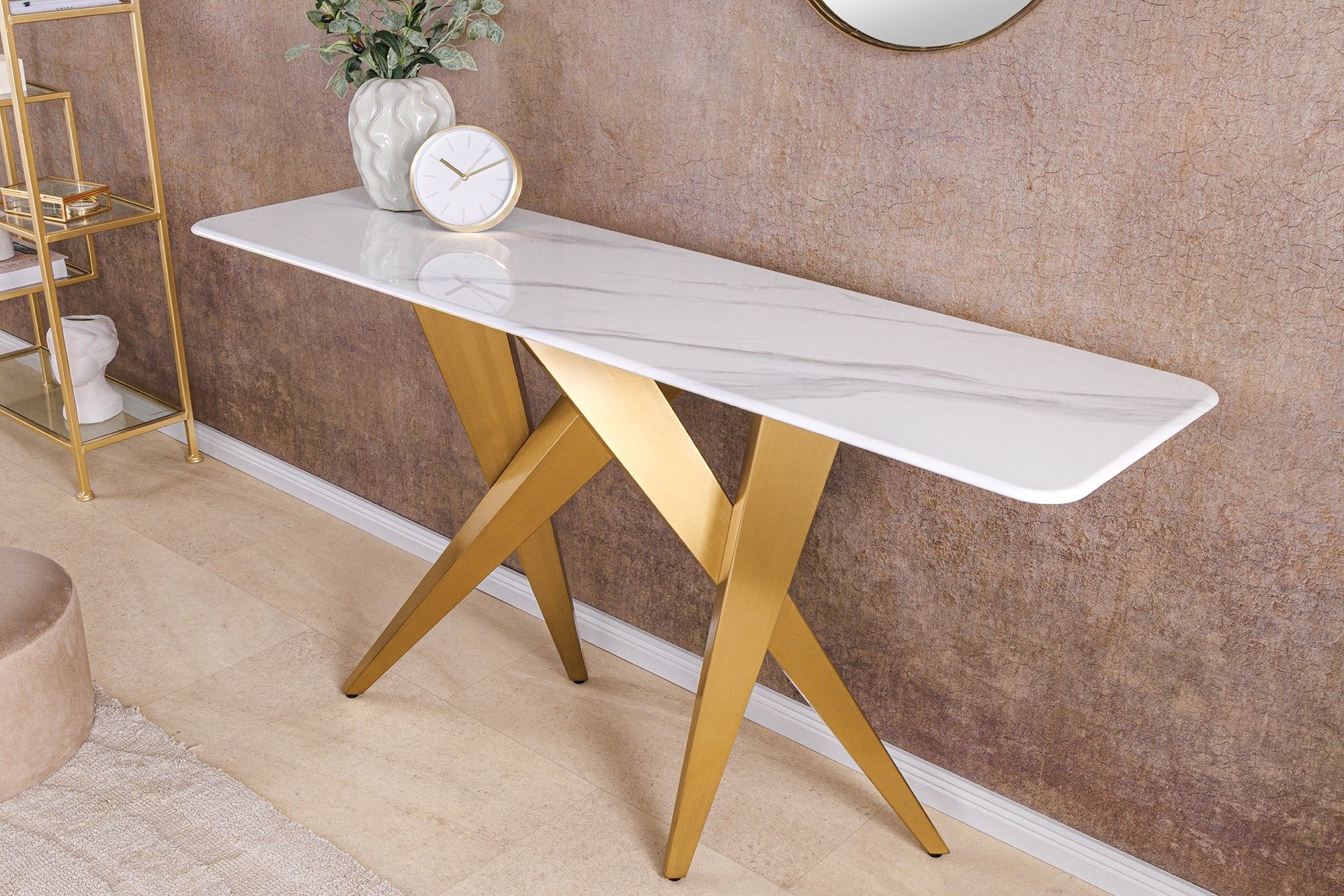 Design console tafel ART LIVING – 140 cm wit‑marmer met champagne goudborstel