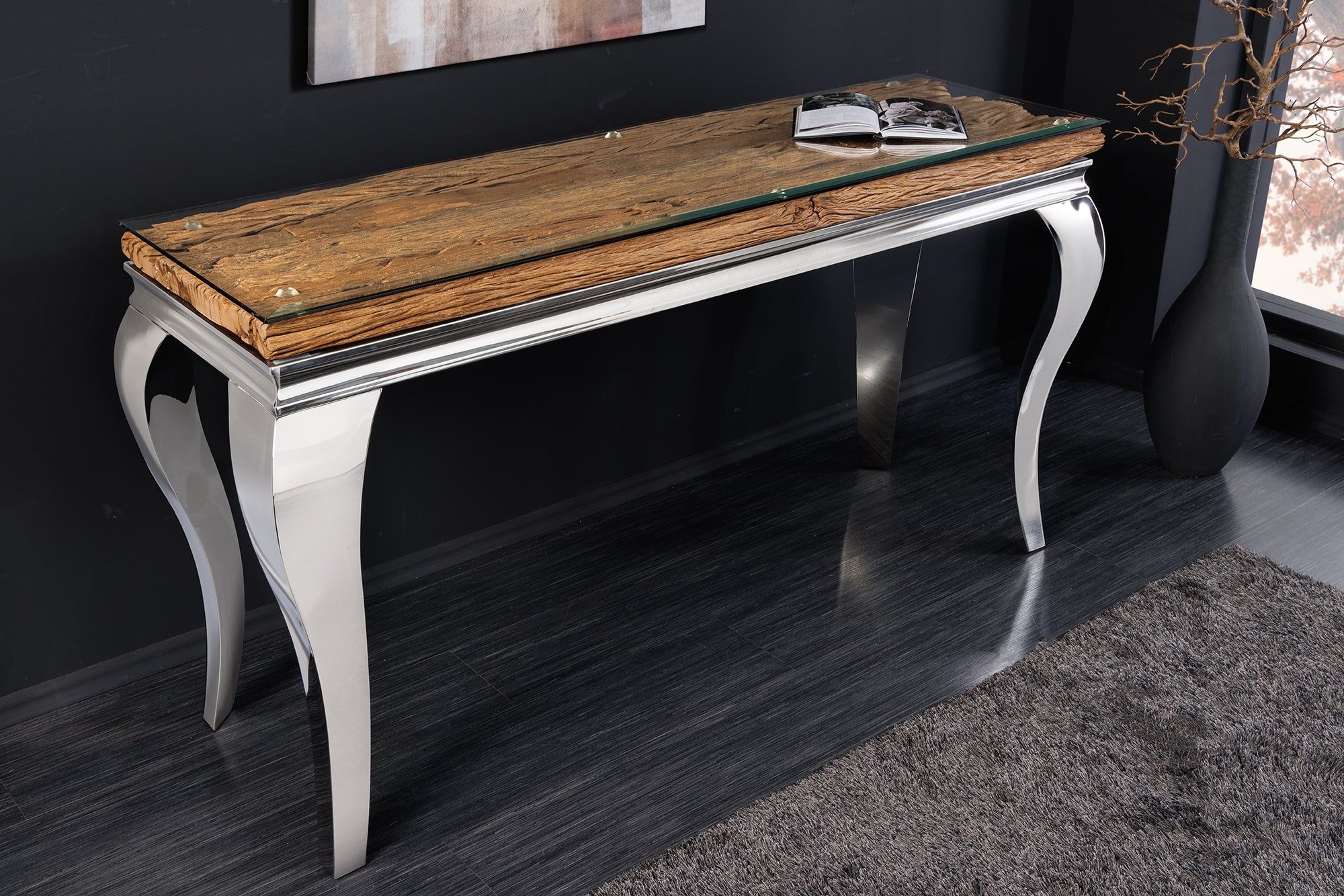 Design Console Tafel Modern Barok 140 cm – Natuurlijke teak met chroomaccent