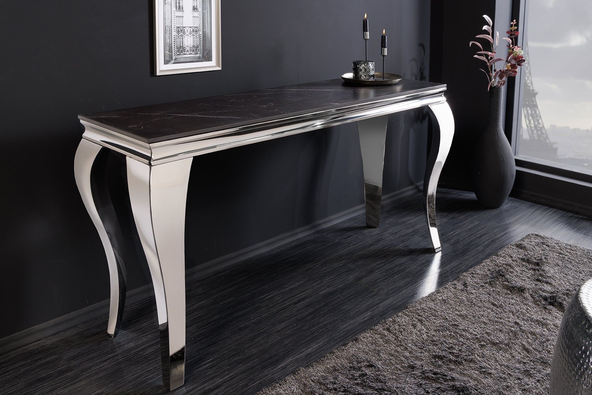 Design Console Tafel Modern Barok – 140 cm Zwart‑Antraciet met Chroom & Keramisch Marmer