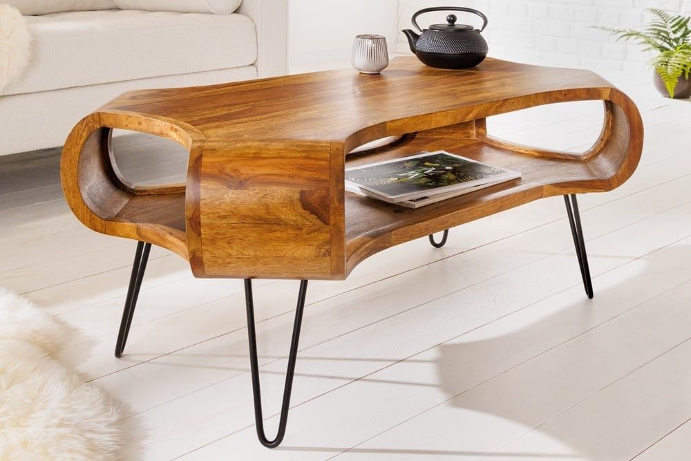 Design Couchtisch Organic Living 100 cm – Handgemaakte Sheesham met Natuurlijke Steenafwerking